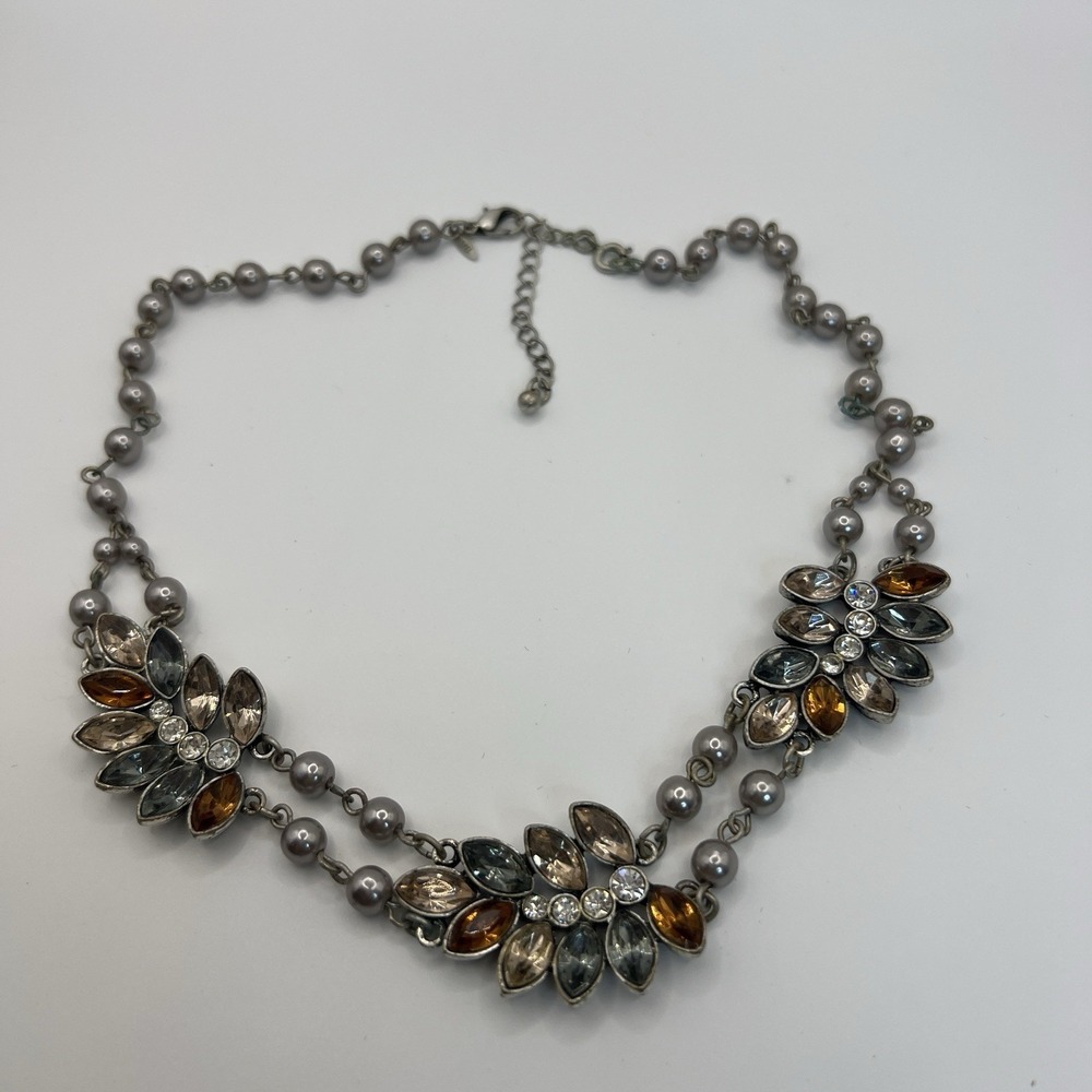 Gray Faux Pearl Rhinestone Necklace Double Strand Floral Statement Bib - Picture 2 of 6